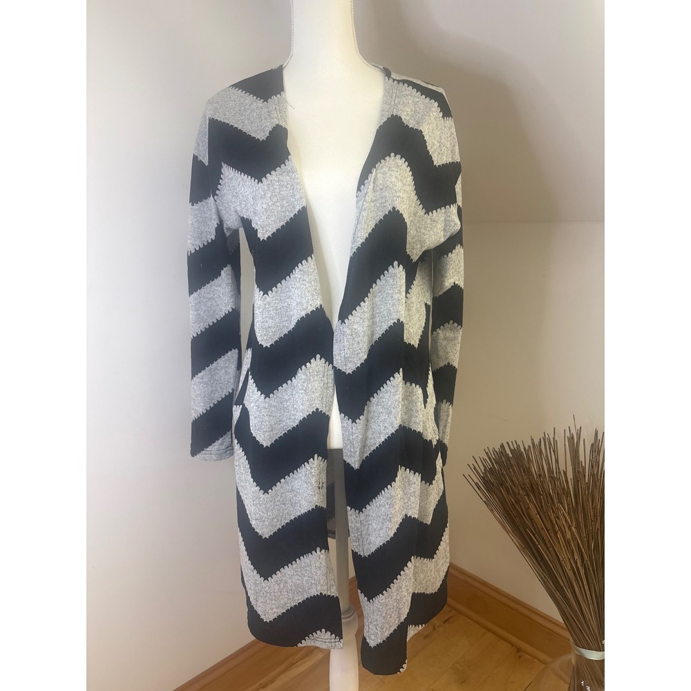 Black Gray Chevron Open Front Longline Duster Cardigan